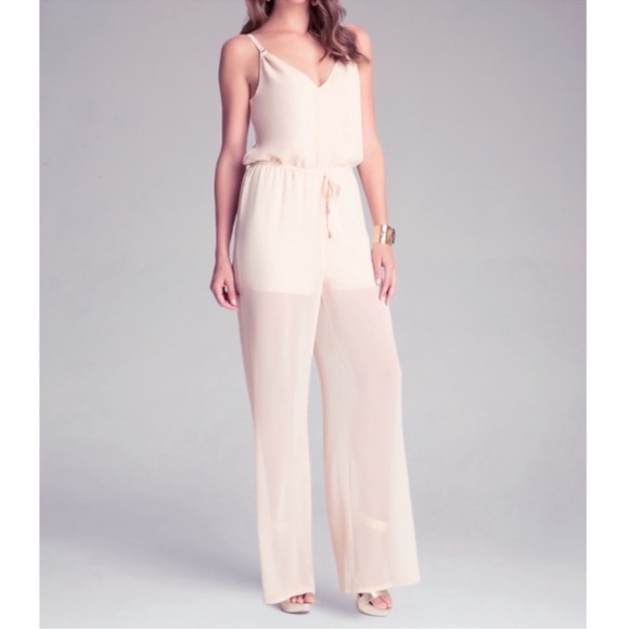 bebe Pants - Bebe Tan Sheer Wide Leg Jumpsuit